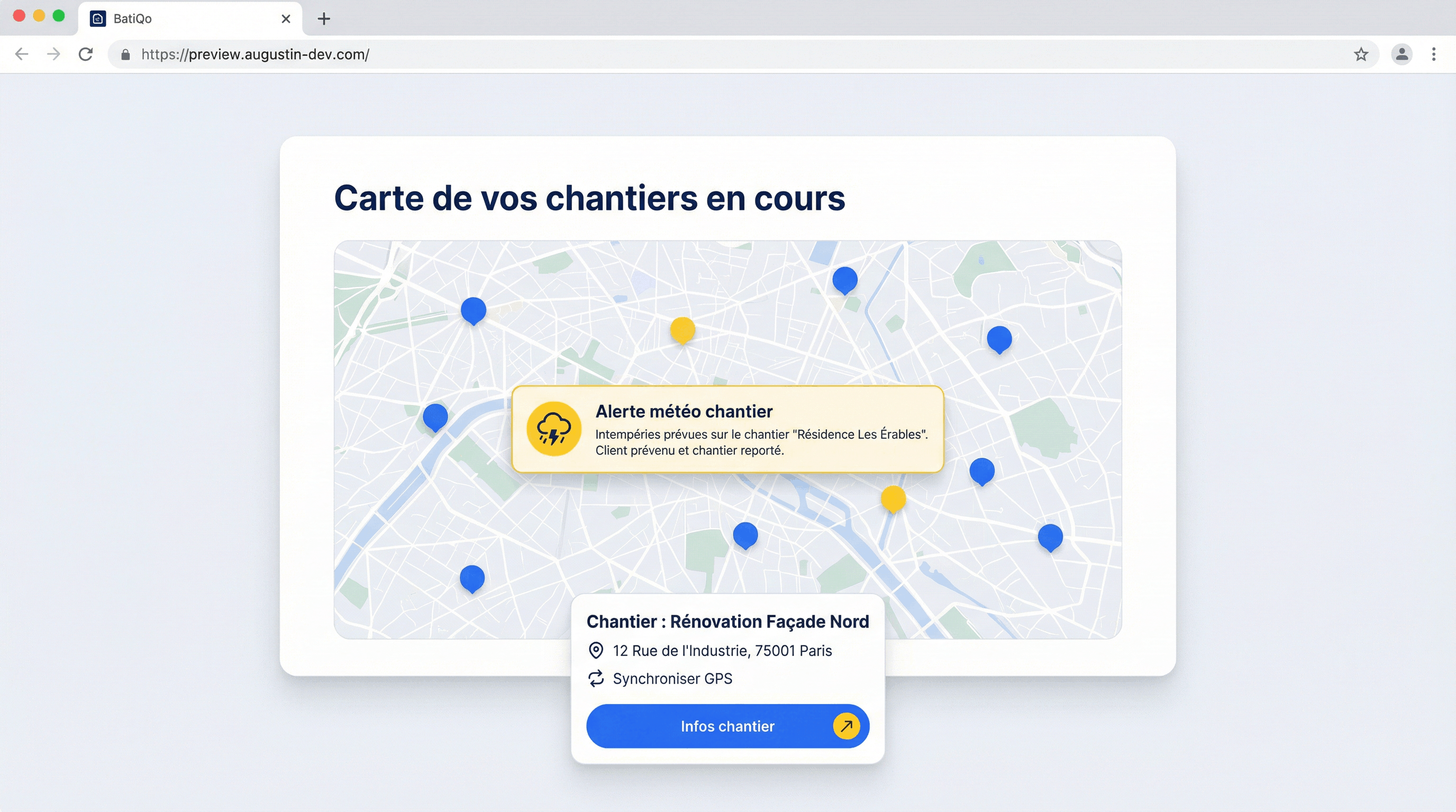 Carte de vos chantiers en cours et Alerte météo chantier