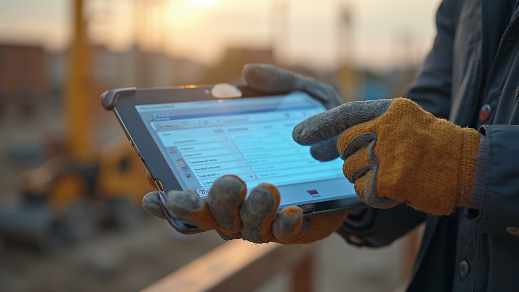 Artisan créant une facture sur smartphone sur un chantier