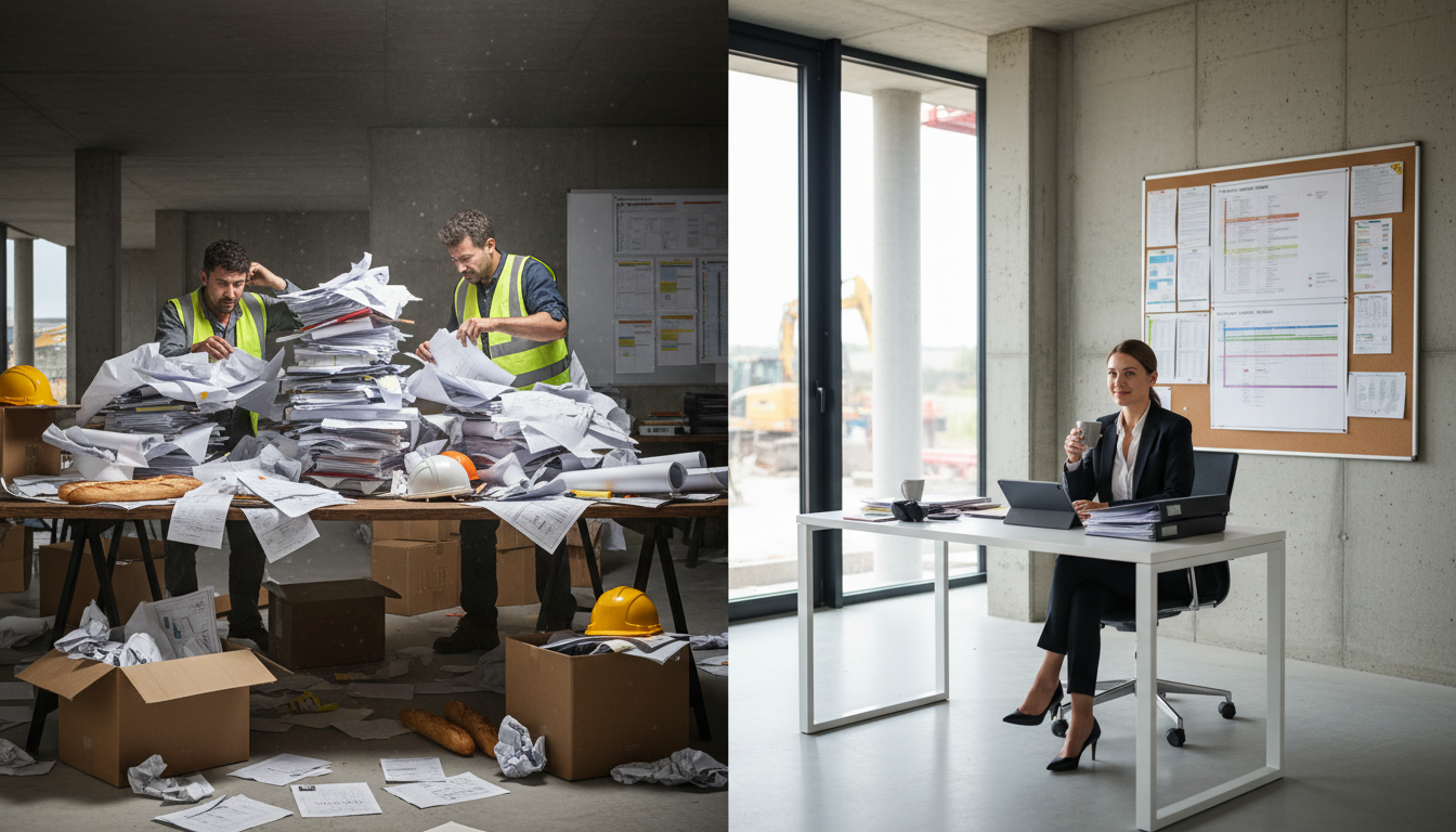 Comparaison avant/après BatiQo - Du chaos paperassier à l'organisation digitale